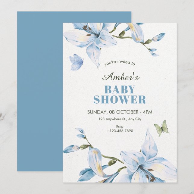 Estetisk blå blomning baby shower inbjudningar (Fram/baksida)