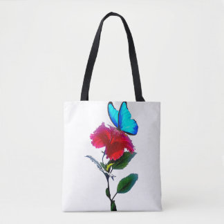 Estetisk blå fjäril på röd blomma toteväska tygkasse