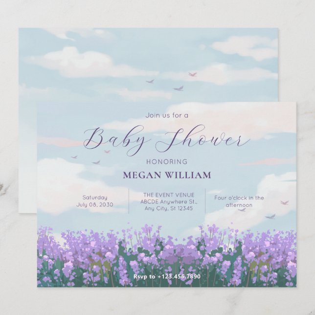 Estetisk blå himmel blomma vår baby shower inbjudningar (Fram/baksida)