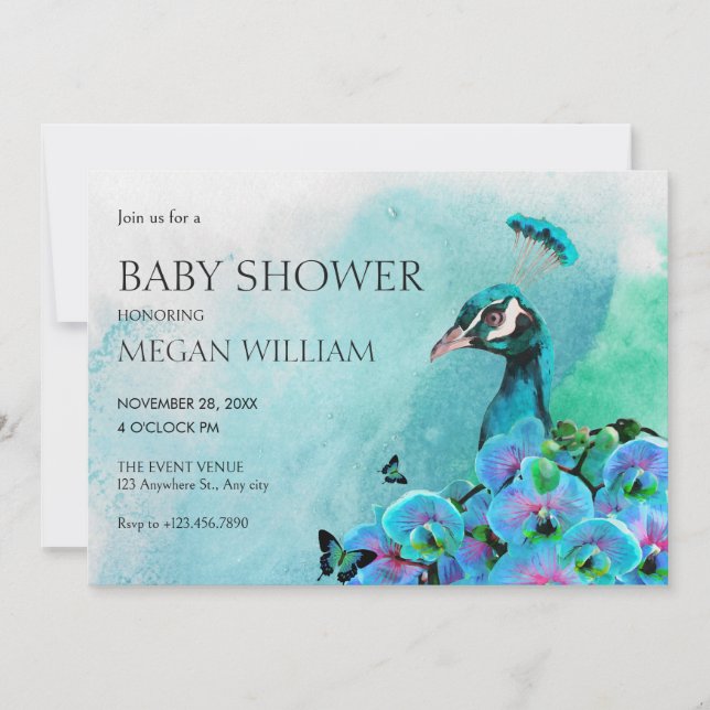 Estetisk blå påfågel fågel baby shower inbjudningar (Framsida)