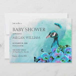 Estetisk blå påfågel fågel baby shower inbjudningar