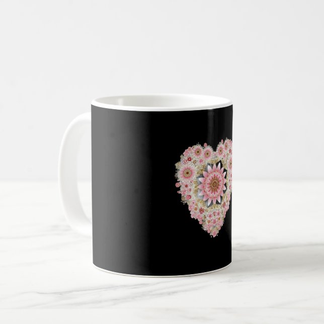 Estetisk blomhjärtmugg | Svart mugg med rosa  (Framsida vänster)