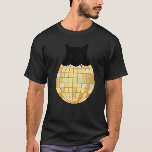 Estetisk Disco Boll Silver Gul Svart Katt Disco T Shirt (Framsida)