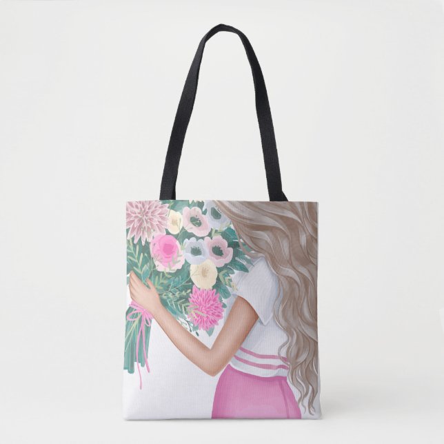 Estetisk flicka som håller blomsterbukettillustrat tygkasse (Framsida)