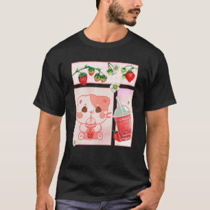 Estetisk Harajuku Söt Katt Dricker Jordgubb Boba T Shirt