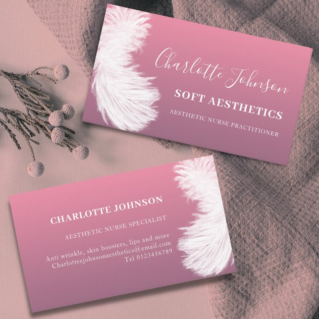 Estetisk hudvård Modern rosa fjäder Visitkort (Modern Stylish nurse aesthetics skincare pink Business card)