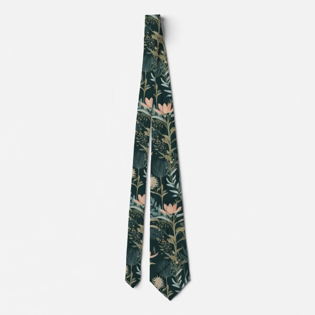 Estetisk Mörk Salvia & Persika Blommig Illustrativ Slips (Baksida)
