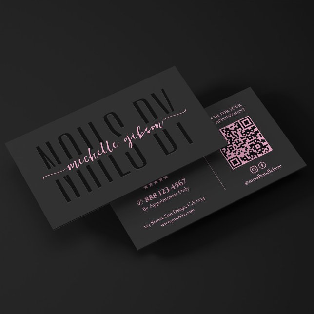 Estetisk nageltekniker Svart Rosa Monogram QR Visitkort (Aesthetic Nail Technician Black Pink Monogram QR Business Card
)