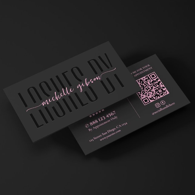 Estetisk ögonfransstekniker Svart Rosa Monogram QR Visitkort (Aesthetic Lash Technician Black Pink Monogram QR Business Card
)