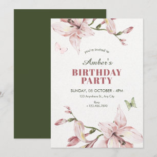 Estetisk rosa grön blomma blommar födelsedag inbjudningar