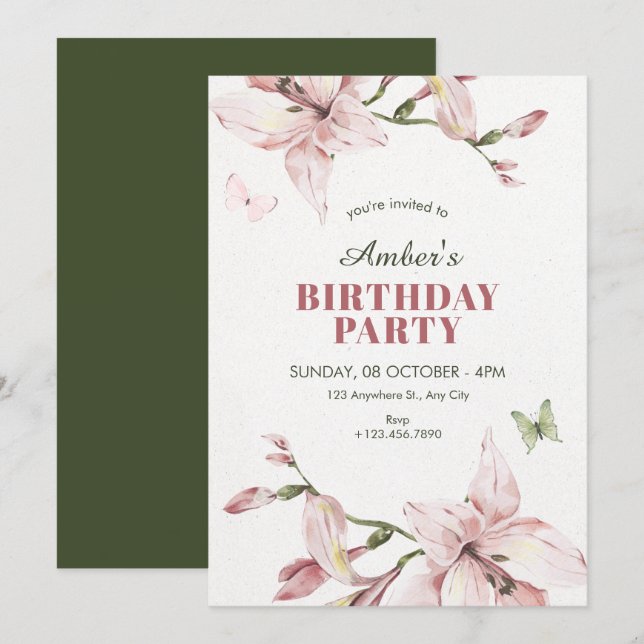 Estetisk rosa grön blomma blommar födelsedag inbjudningar (Fram/baksida)