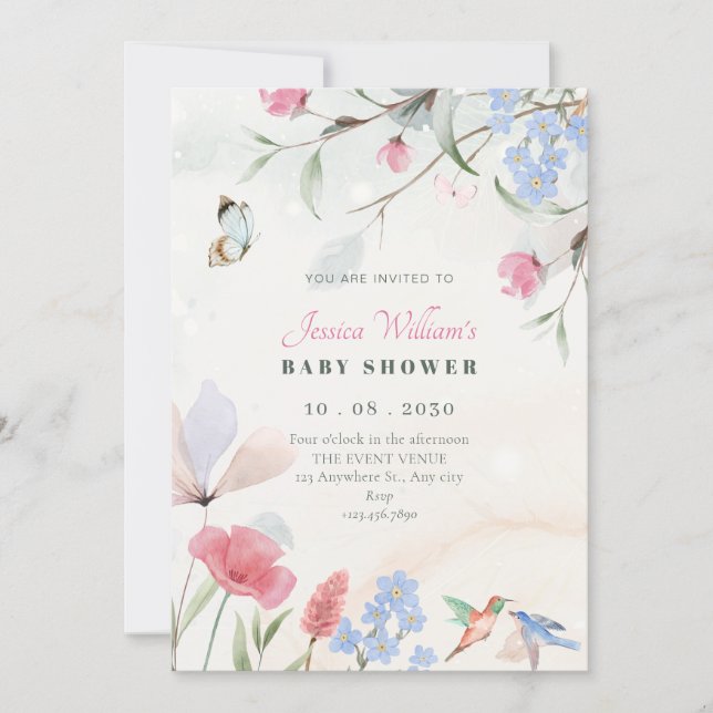 Estetisk trädgård blommande baby shower inbjudningar (Framsida)
