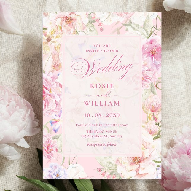 Estetiskt rosa mjuk blomsterbröllop inbjudningar (Skapare uppladdad)