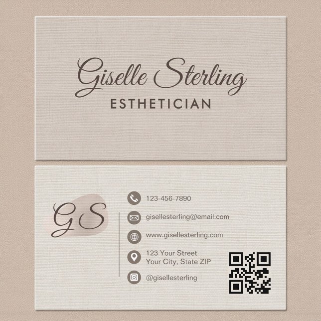 Esthetician Beige Linen Modern Elegant QR Code Visitkort (Skapare uppladdad)