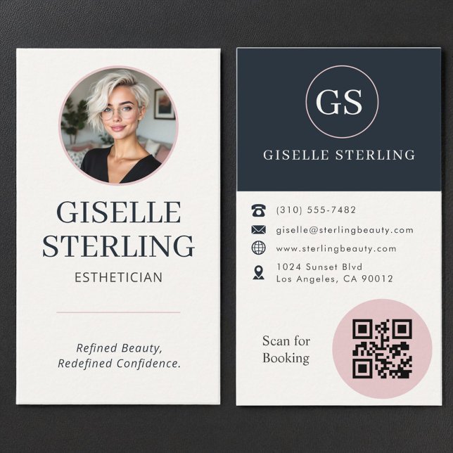 Esthetician Blush Pink & Navy Blue Photo QR Code  Visitkort (Skapare uppladdad)