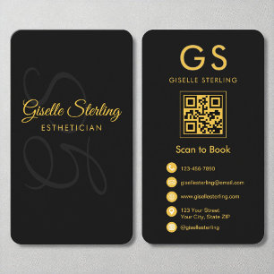 Esthetician Monogram Black Guld QR Code Beauty Visitkort