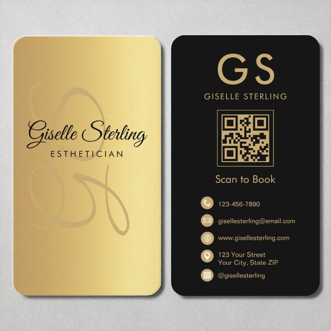 Esthetician Monogram Guld Black QR-kod Visitkort (Skapare uppladdad)