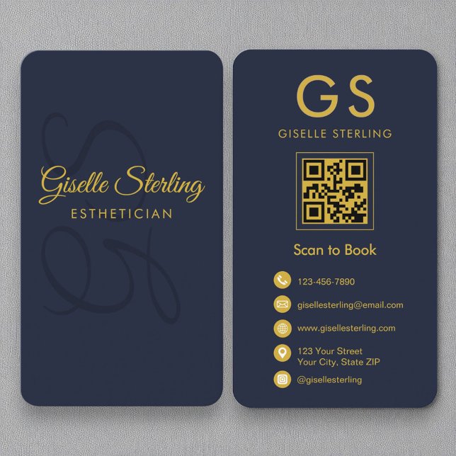 Esthetician Monogram Navy Blue Guld QR-kod Visitkort (Skapare uppladdad)
