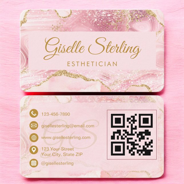 Esthetician Pink Gold Agate QR Code Visitkort (Skapare uppladdad)