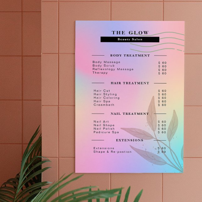Esthetician Pris List Rosa Holography Iridescent Poster (Esthetician Price List Pink Holographic Iridescent Poster)