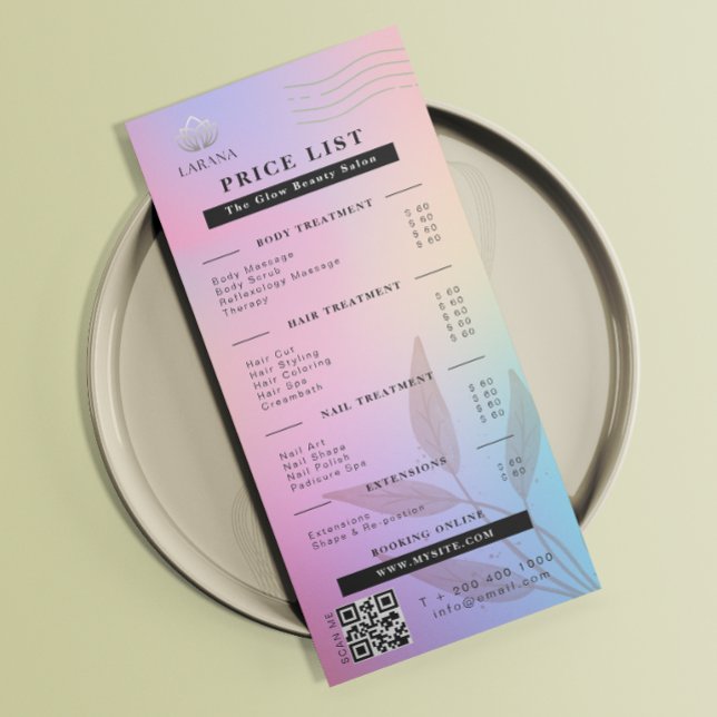 Esthetician Pris List Rosa Holography Iridescent Reklamkort (Esthetician Price List Pink Holographic Iridescent Rack Card)
