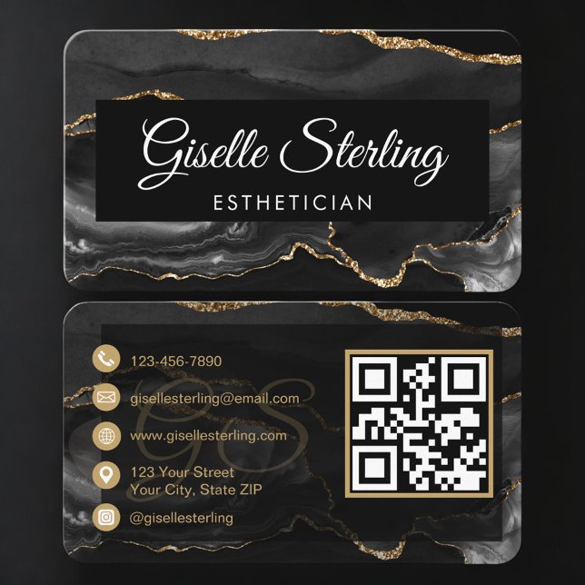 Esthetician QR Code Black Gold Agate Luxury  Visitkort (Skapare uppladdad)