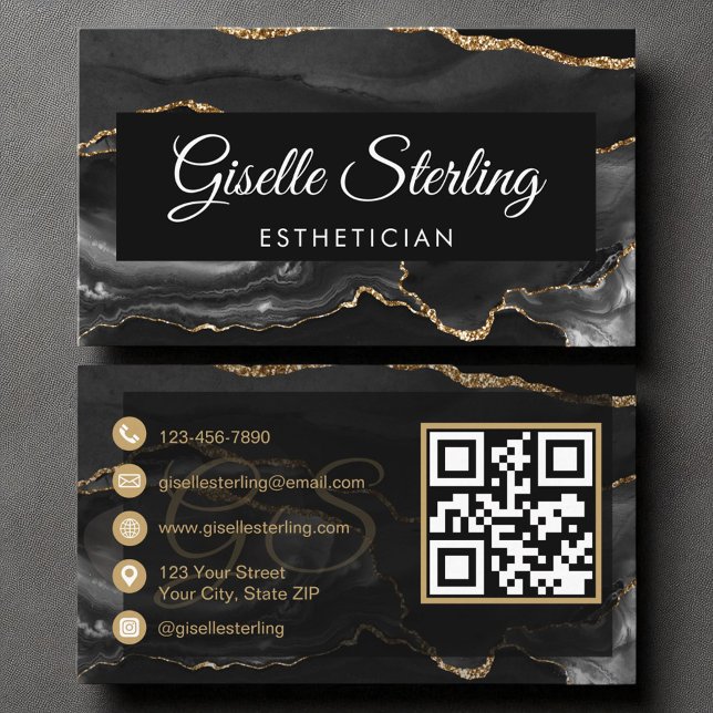 Esthetician QR Code Black Guld Agate Luxury Visitkort (Skapare uppladdad)