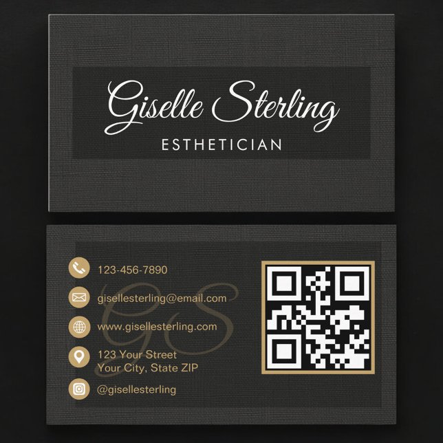 Esthetician QR Code Black Linen Luxury  Visitkort (Skapare uppladdad)