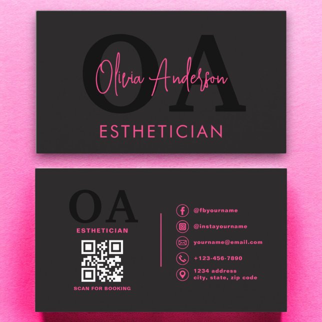 Esthetician QR Code Shock rosa Black Social Media Visitkort (Skapare uppladdad)