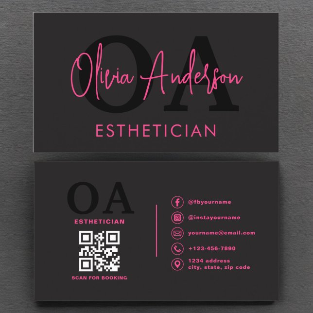 Esthetician QR Code Shock rosa Black Social Media Visitkort (Skapare uppladdad)