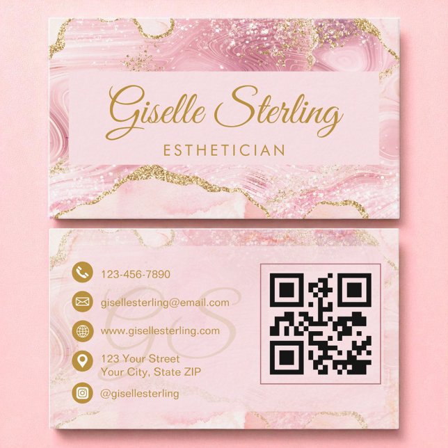 Esthetician  Rosa Guld Agate QR-kod Visitkort (Skapare uppladdad)