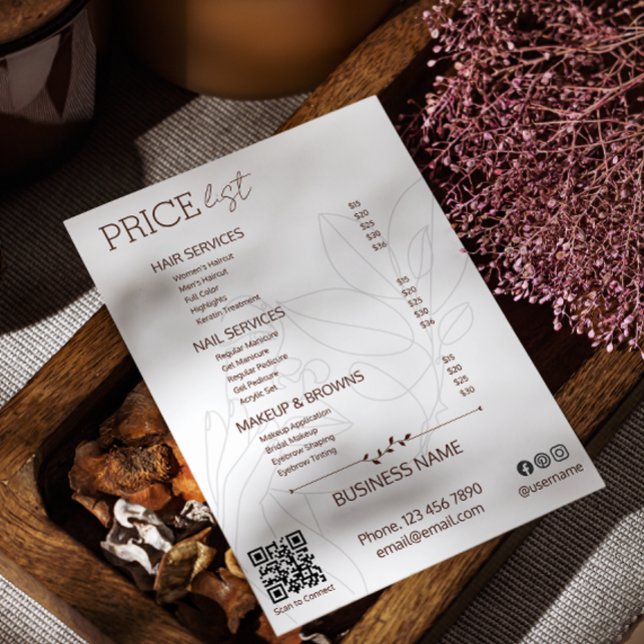 Esthetician Service Pris List Bohemian Scan Me Flygblad (Minimalist Black And White Esthetician Price List Flyer)