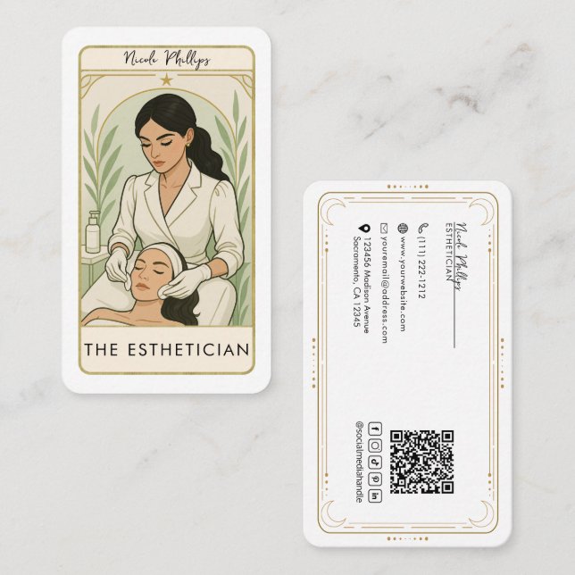 Esthetician Skin Care Tarot Social Media QR Visitkort (Fram/baksida)