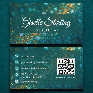Esthetician Teal Guld Glitter QR Code Luxury Visitkort