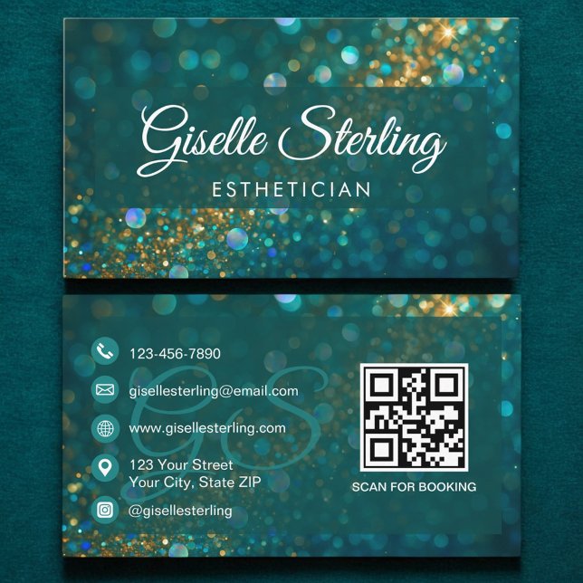 Esthetician Teal Guld Glitter QR Code Luxury Visitkort (Skapare uppladdad)