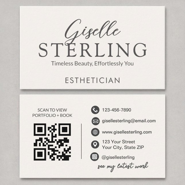Esthetician White Script Modern QR-kod Visitkort (Skapare uppladdad)