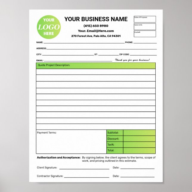 Estimate Quote Job Proposal Forms Contractor Green Poster (Framsidan)