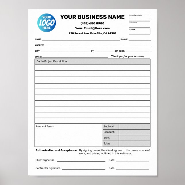 Estimate Quote Job Proposal Forms Contractor Poster (Framsidan)