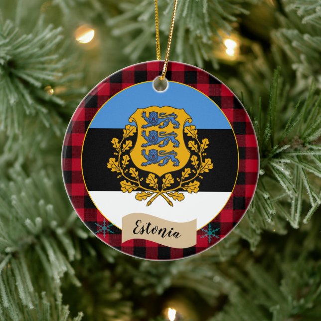 Estland, rödbuffalo plaid och estnisk Flagga Julgransprydnad Keramik (Träd)