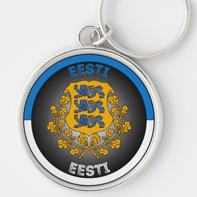 Estlands statsvapen cirkelform  rund silverfärgad nyckelring (Framsidan)