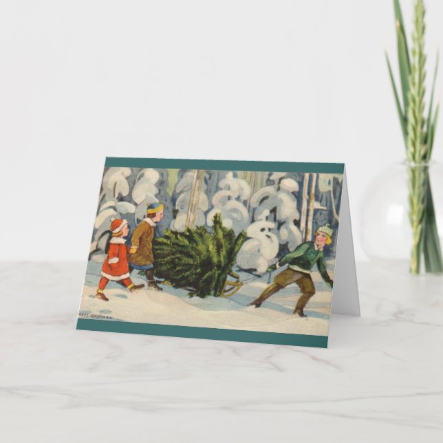 Estländsk  familj med julgranen helgkort (Framsida)