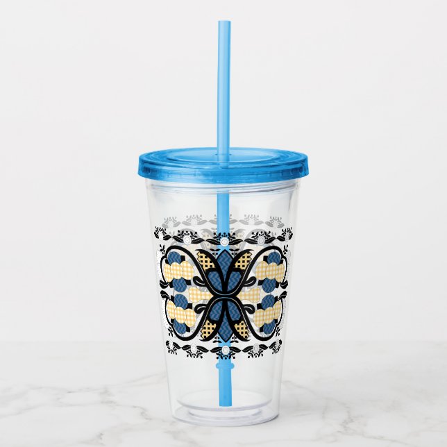Estniska blommigten blue and gult folk art take away mugg (Framsida)