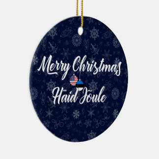 Estonian American Bilingual Merry Christmas Julgransprydnad Keramik