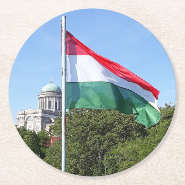Esztergom Basilika och ungersk flagga Coaster Underlägg Papper Rund (Framsidan)