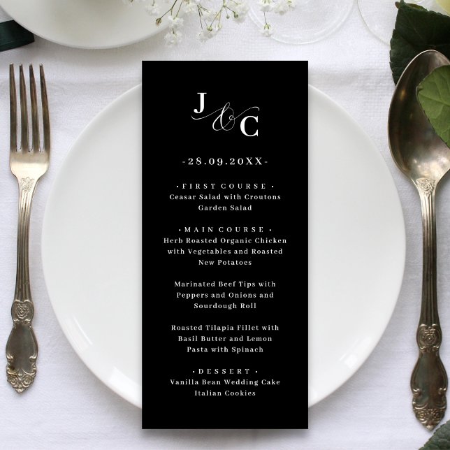 Et-tecken Monogram Bröllopsmeny Meny (Ampersand monogram wedding menus add refined elegance while showcasing your meal details.)