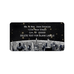 Etched NYC Skyline 2 Black Guld Star H Adress Adressetikett