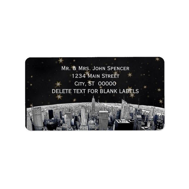 Etched NYC Skyline 2 Black Guld Star H Adress Adressetikett (Framsidan)