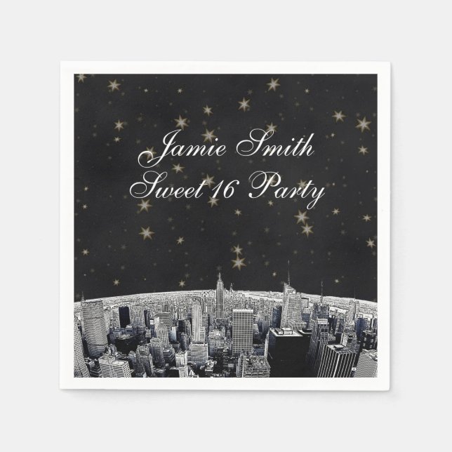 Etched NYC Skyline 2 Black Guld Star Pappersservett (Framsidan)