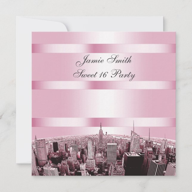 Etched NYC Skyline 2 Black Rosa Sweet 16 Party Inbjudningar (Framsida)
