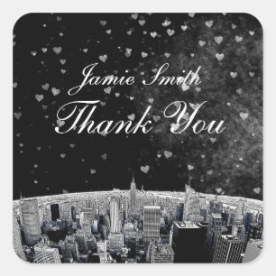 Etched NYC Skyline #2 Black White Heart Tack Fyrkantigt Klistermärke
